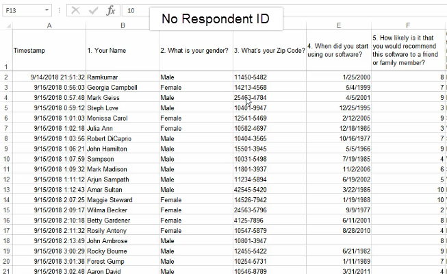 no respondent id in google forms csv file
