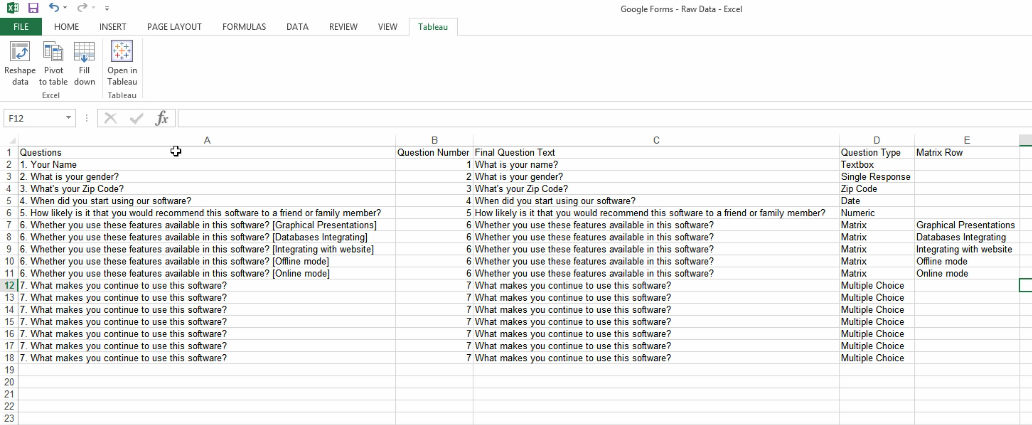 question type and matrix row